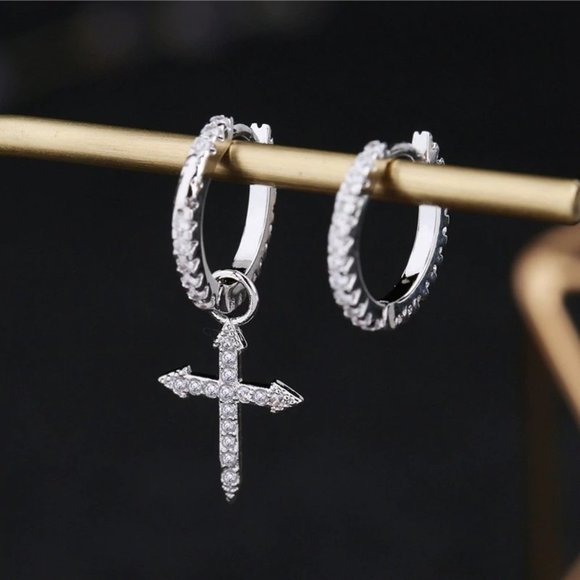 *925 Sterling Silver Diamond Cross Hoop Earrings - Picture 6 of 6